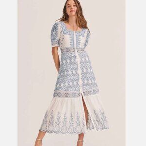LoveShackFancy Helena White Blue Midi Dress